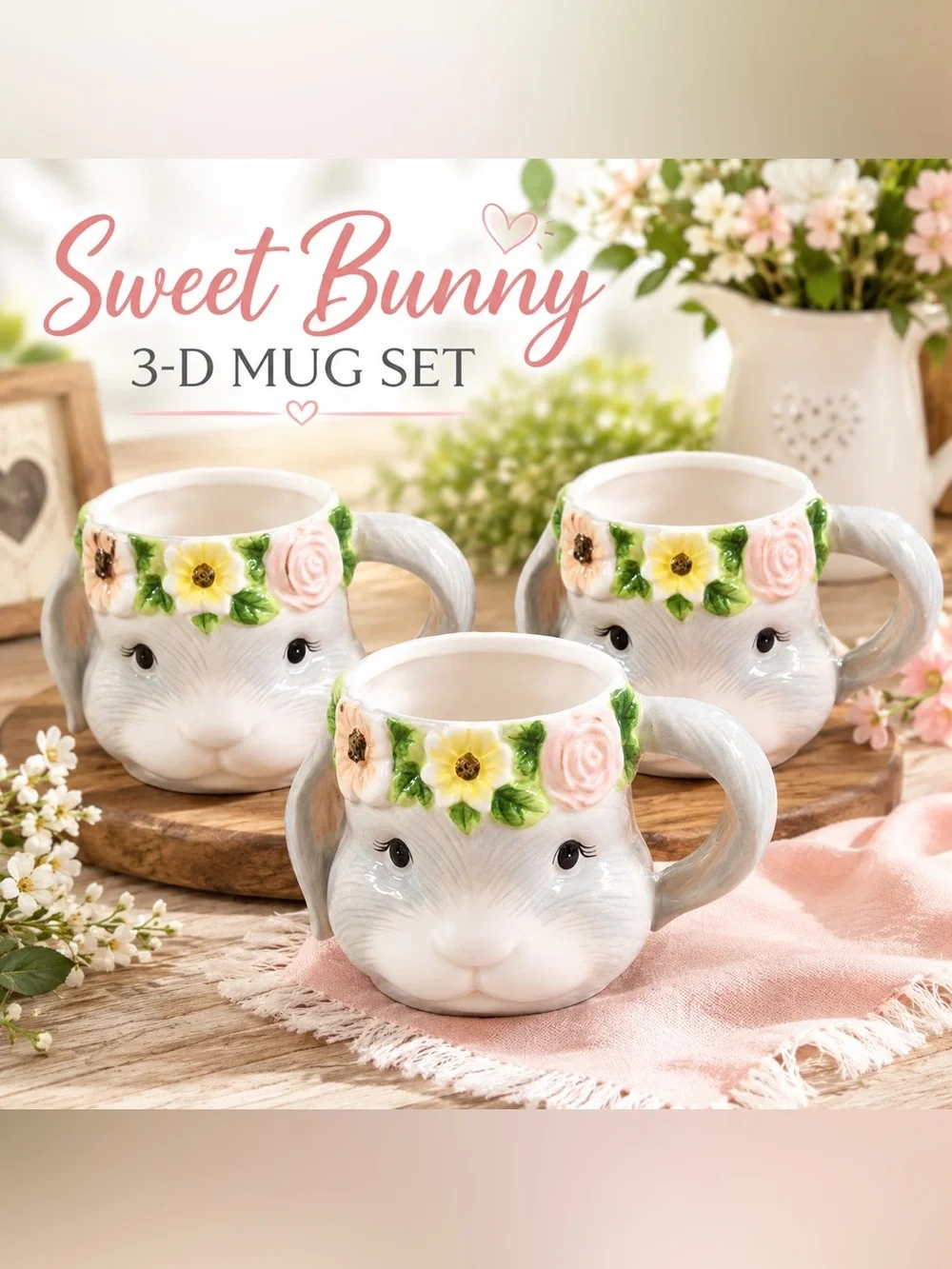 Certified International Sweet Bunny Set of 3 3D Ceramic Mugs Susan Winget NIB